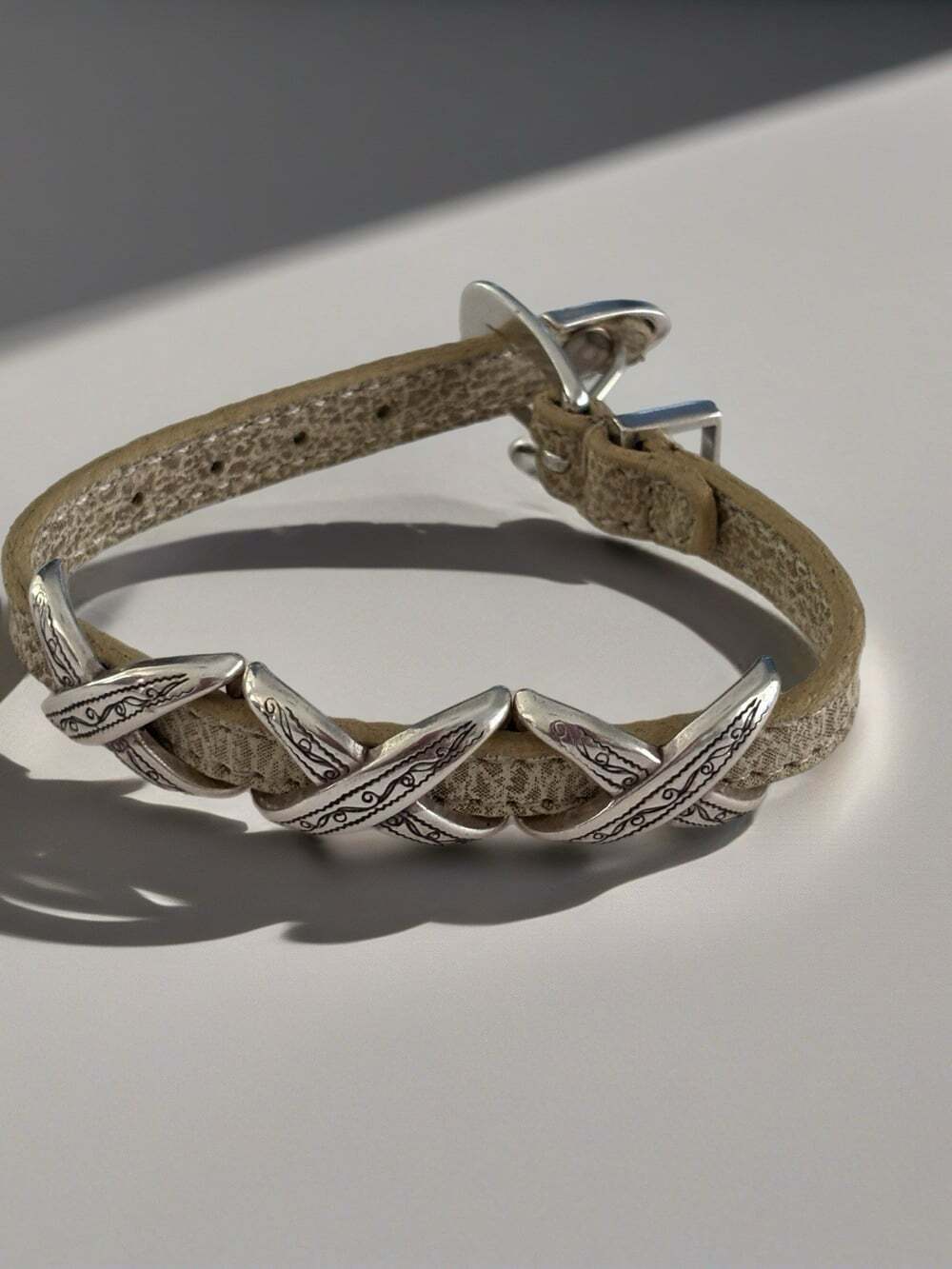 Brighton Kriss Kross Etched Bandit Silver Tan Bracelet NWOT